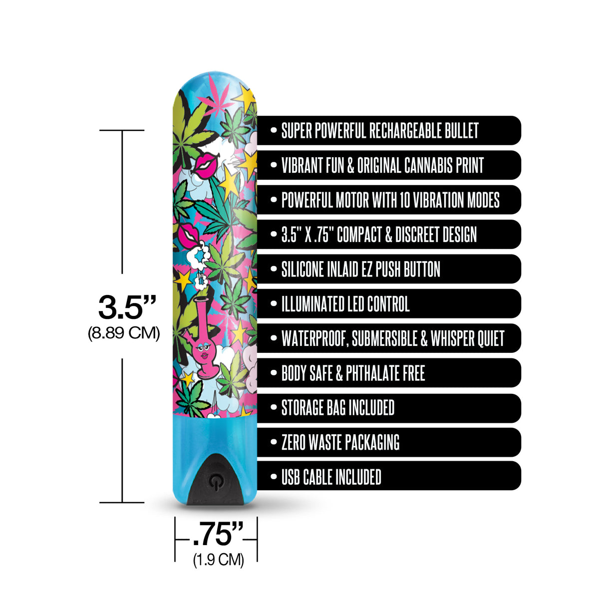 Prints Charming Buzzed Rechargeable 3.5" Bullet - Stoner Chick - Blue