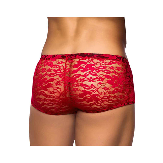 Male Power Stretch Lace Mini Short Red Large