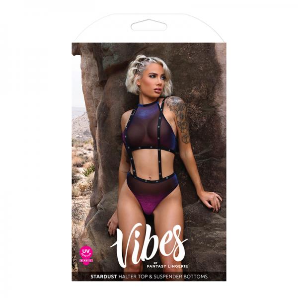 Fantasy Lingerie Vibes Stardust Iridescent Halter Top & Suspender Bottoms With Uv Reactive Star Prin