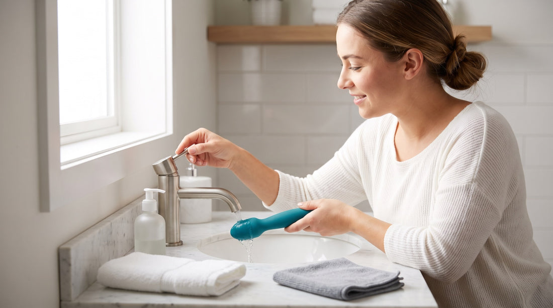 A woman washing a teal silicone toy under running water at a bright bathroom sink