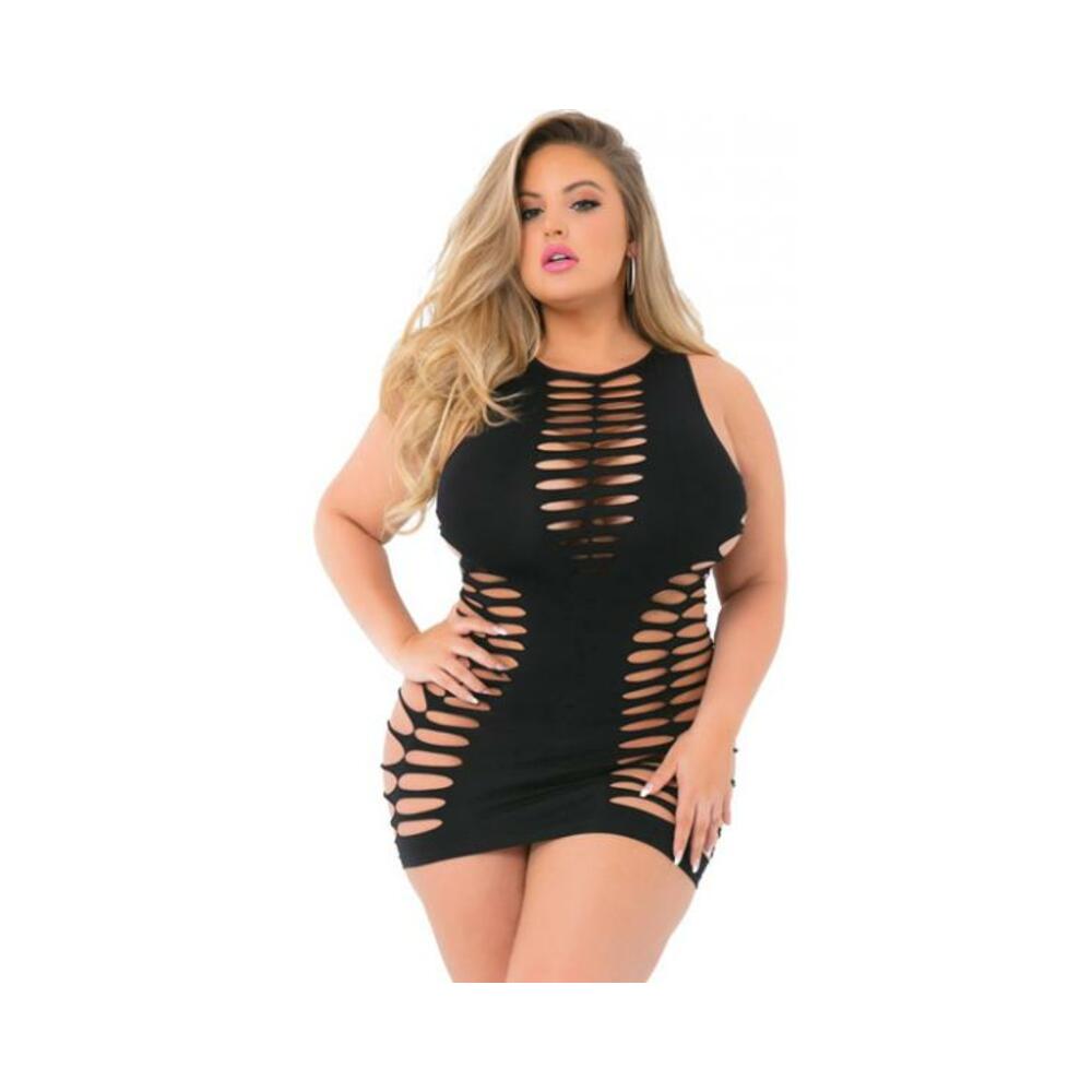 Pink Lipstick High Neck Shredded Seamless Dress Black Qn
