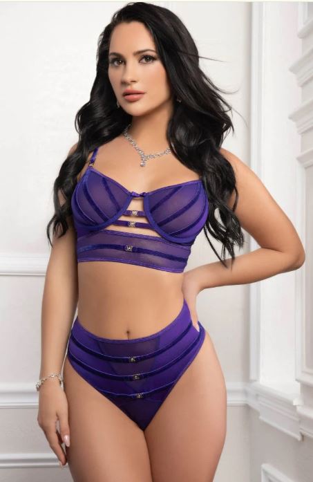 2PC Satin Straps Bra and High Waist Panty Royal Purple