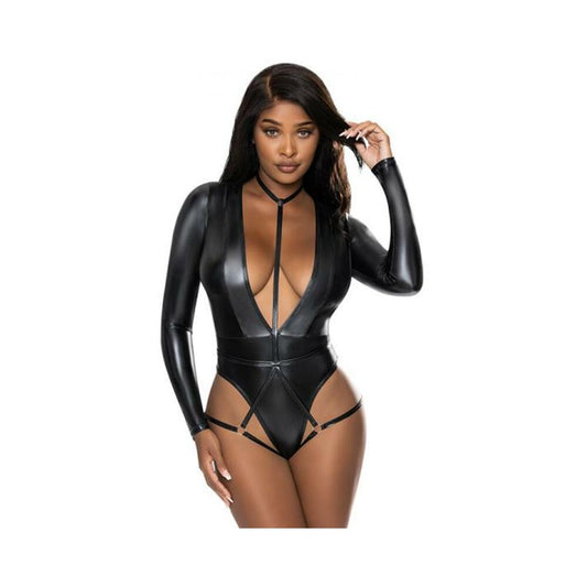 Magic Silk Liquid Onyx Long Sleeve Teddy With Harness Caging Black L/xl