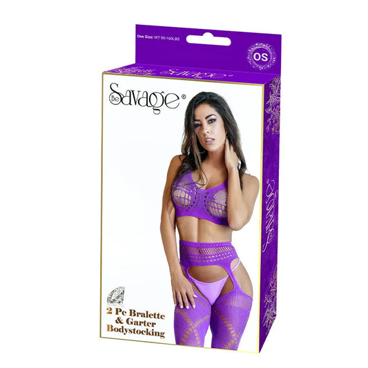 2PC Bralette & Gartered Bodystocking - Purple