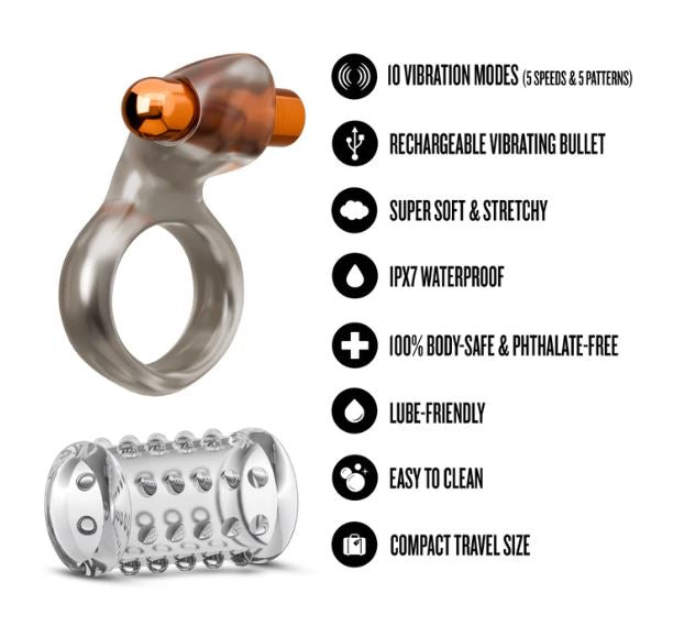 Stay Hard Vibrating Cock Ring Set W/sleeve