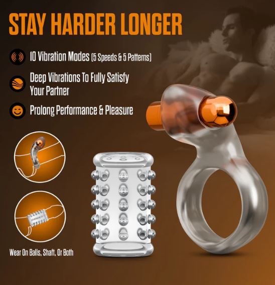 Stay Hard Vibrating Cock Ring Set W/sleeve