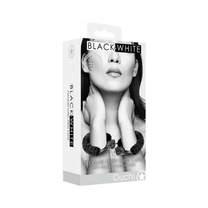 Ouch! Black & White Beginner Pleasure Furry Wrist Cuffs With Quick-release Button