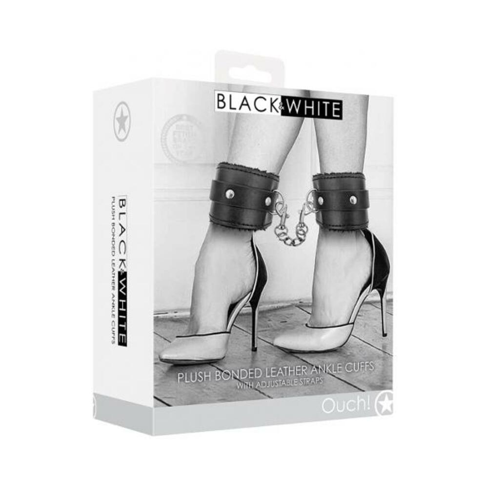 Ouch! Black & White Plush Bonded Leather Ankle Cuffs With Adjustable Straps Black
