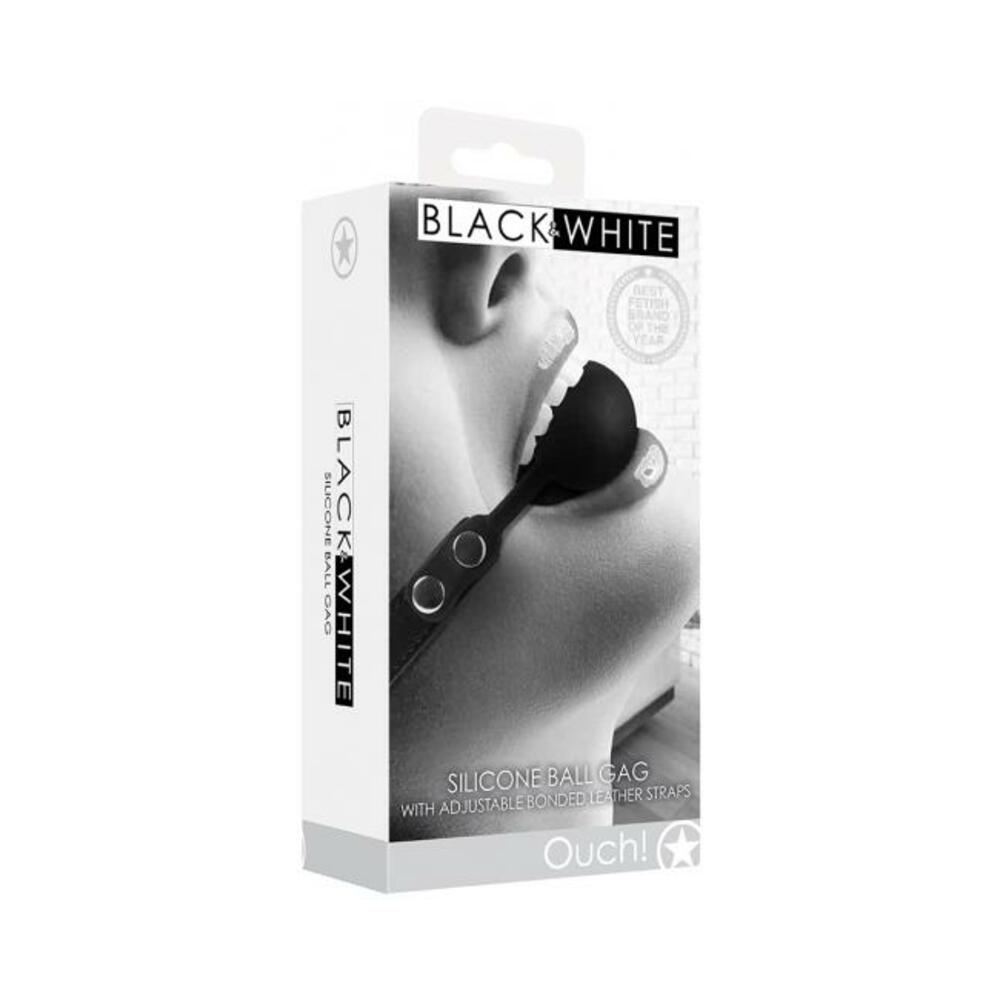 Ouch! Black & White Silicone Ball Gag With Adjustable Bonded Leather Straps Black