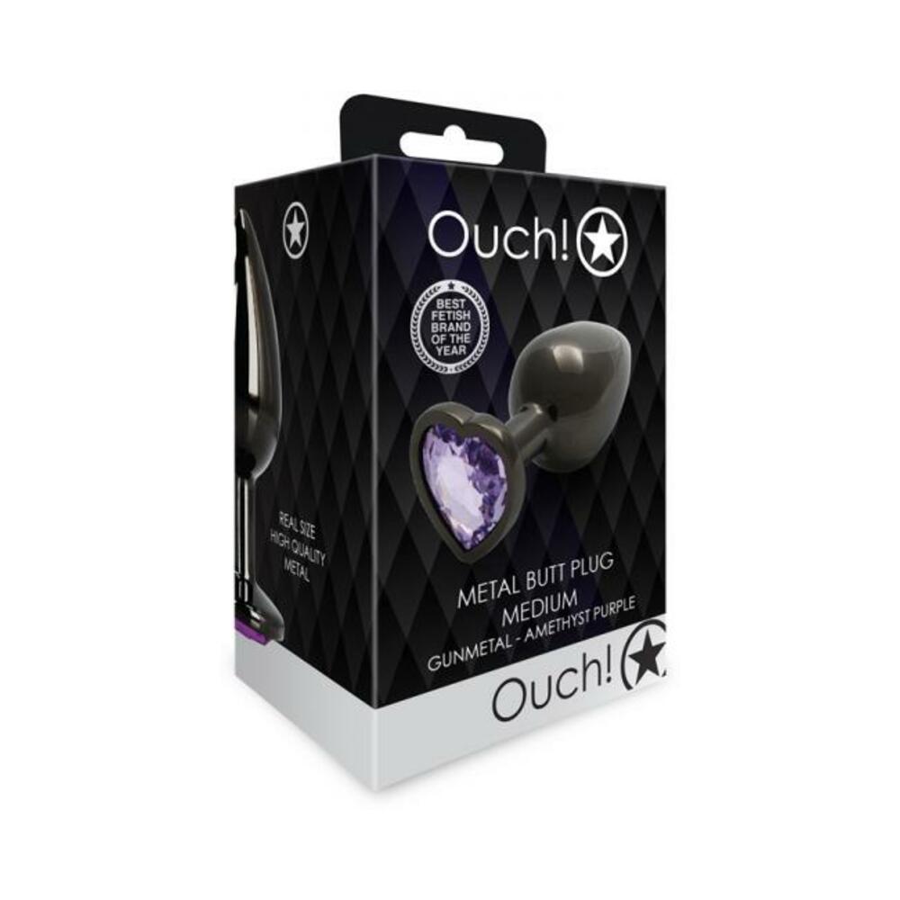 Shots Ouch! Heart Gem Butt Plug Medium Gunmetal/amethyst