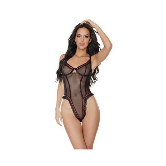 '=stretch Mesh Underwire Teddy W/ribbon Detail Black Large