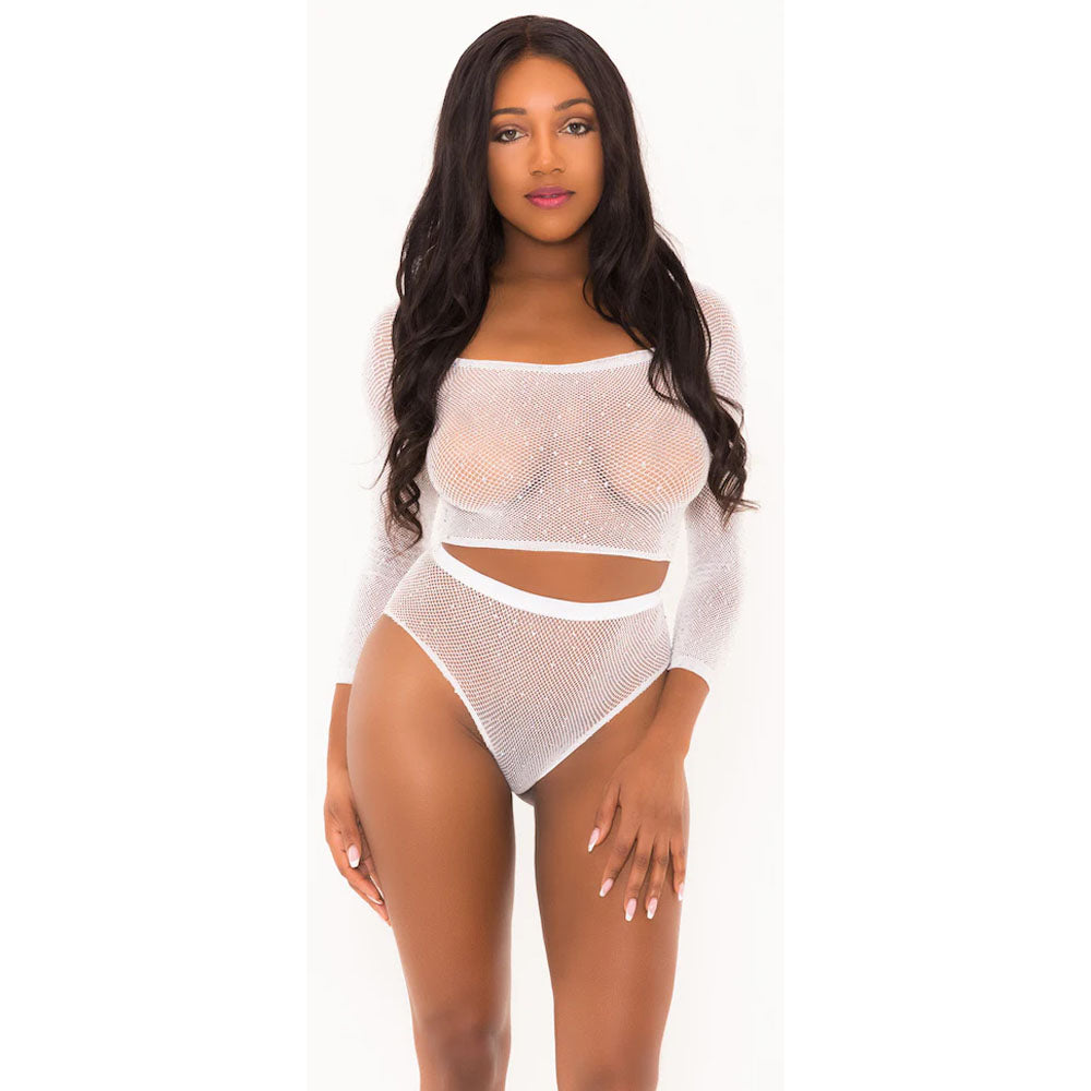 Rhinestone Crop Top With Matching Panty White O/S