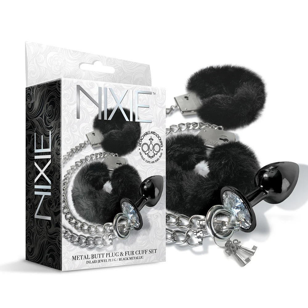Nixie Metal Butt Plug & Furry Cuff Set Black