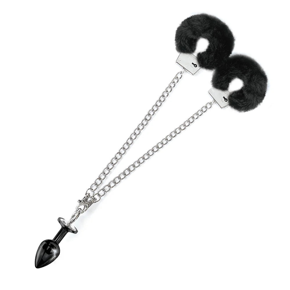 Nixie Metal Butt Plug & Furry Cuff Set Black