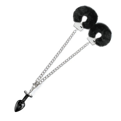 Nixie Metal Butt Plug & Furry Cuff Set Black