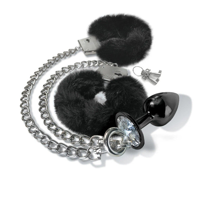 Nixie Metal Butt Plug & Furry Cuff Set Black