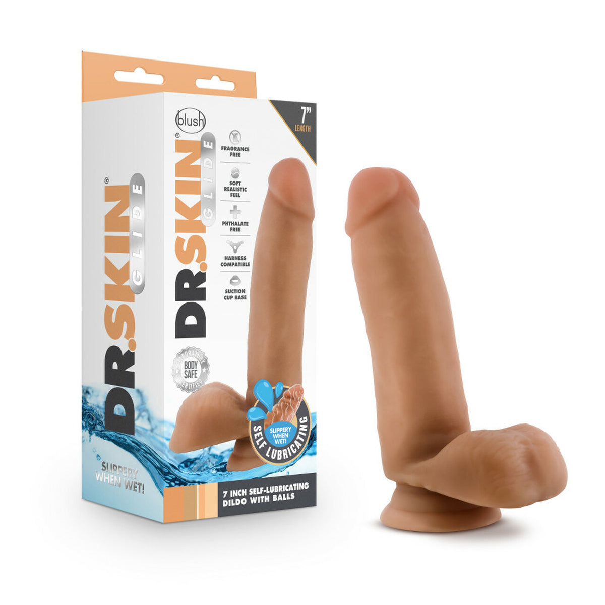 Dr. Skin Glide Self Lubricating Dildo With Balls 7 In. Mocha