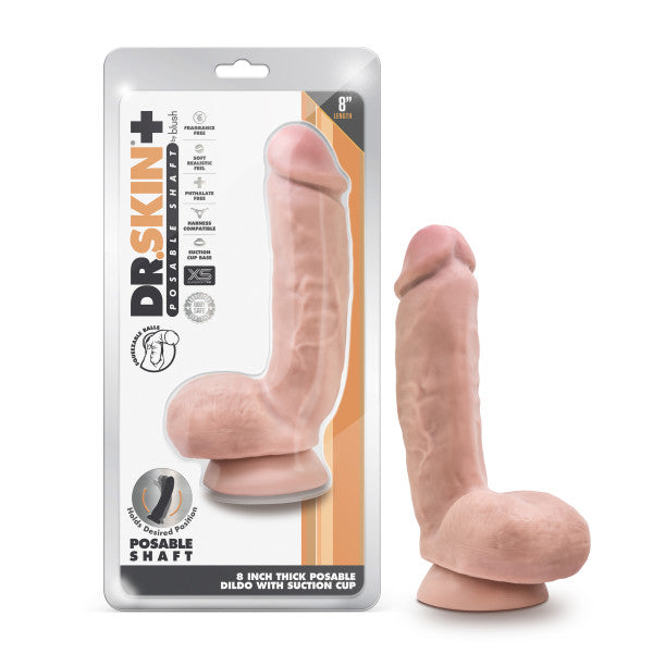 Dr. Skin Plus Thick Posable Dildo With Squeezable Balls 8 In. Vanilla