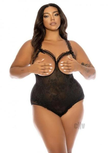 Lace Open Cup Crotchless Teddy Black Queen
