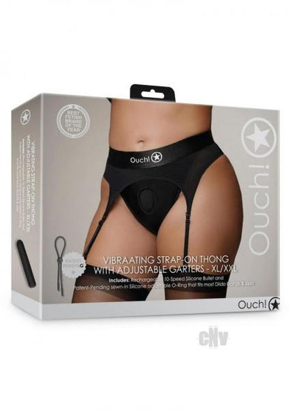 Shots Ouch Vibrating Strap On Thong W/adjustable Garters - Black Xl/xxl