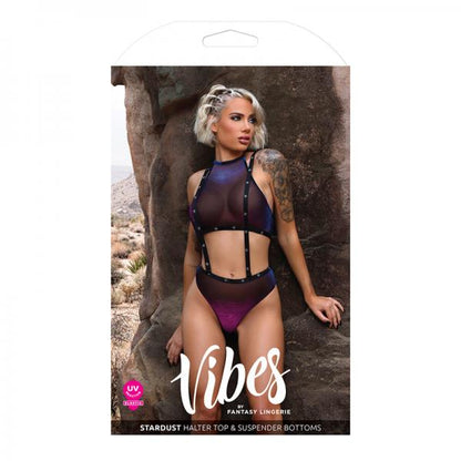 Fantasy Lingerie Vibes Stardust Iridescent Halter Top & Suspender Bottoms With Uv Reactive Star Prin