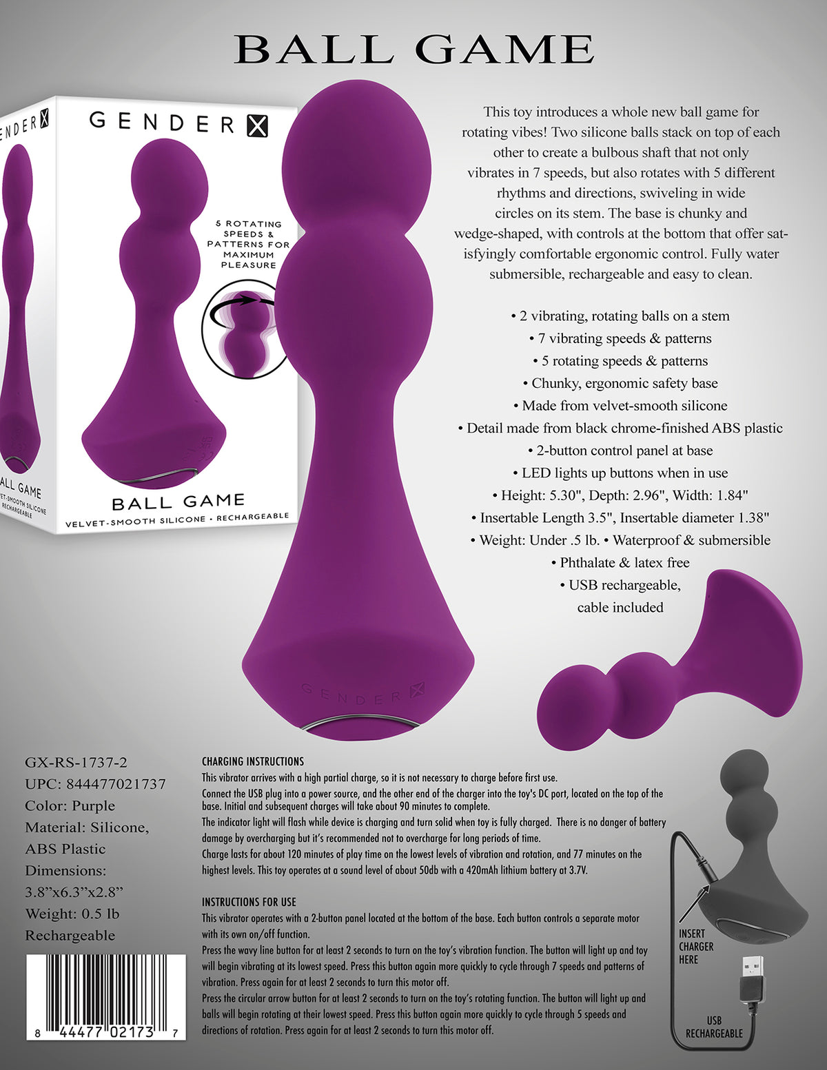 Gender X Ball Game Rechargeable Rotating Silicone Vibrator Purple