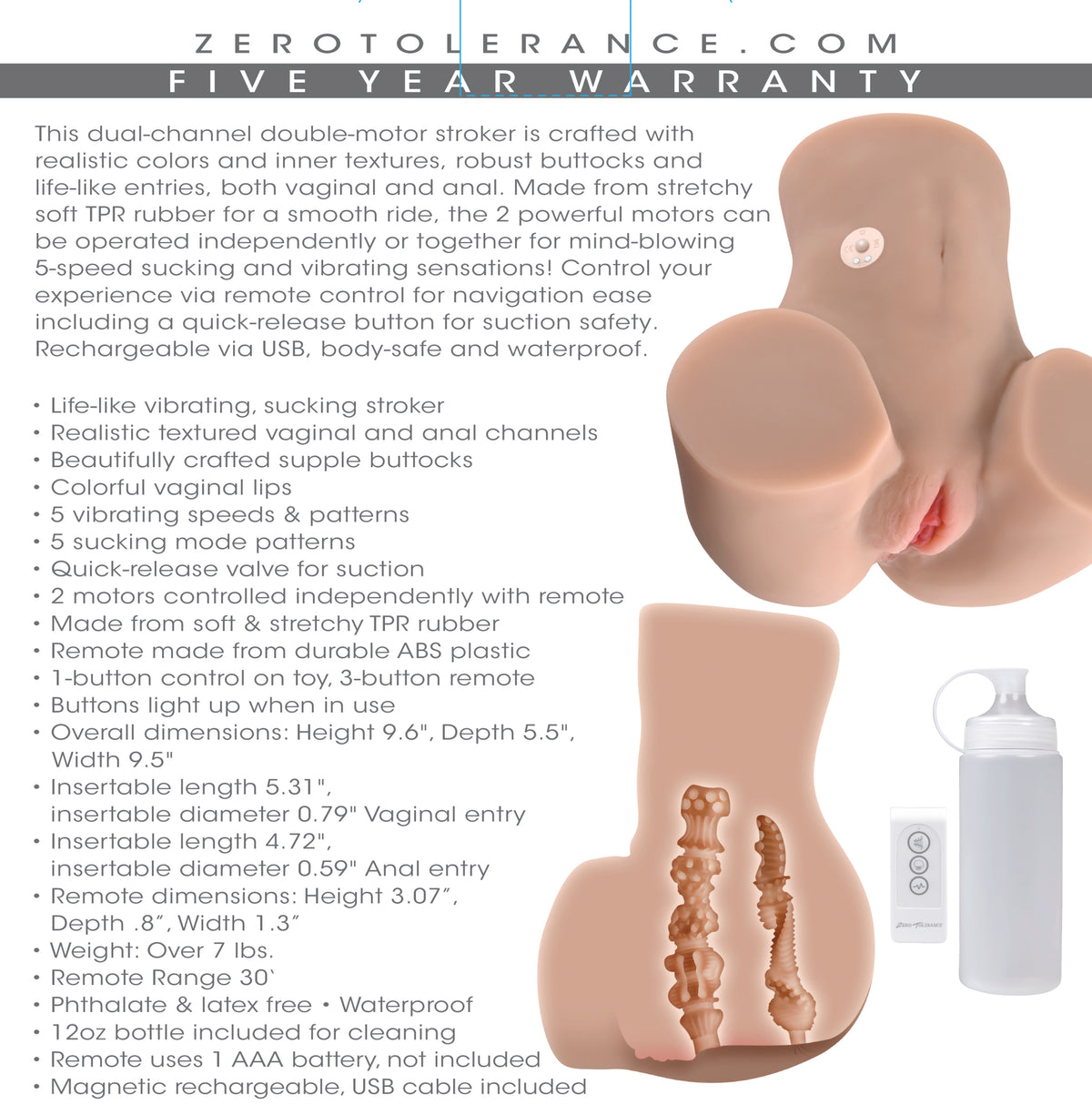 Zero Tolerance Rear Beauty Rechargeable Remote Controlled Vibrating Sucking Dual Entry Masturbator T
