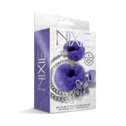 Nixie Metal Butt Plug & Furry Handcuff Set Medium Purple Metallic