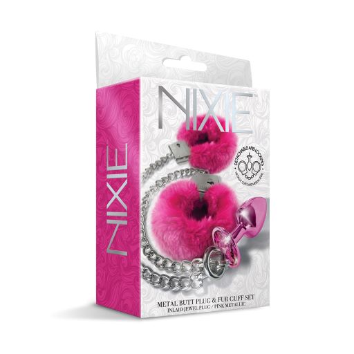 Nixie Metal Butt Plug & Furry Handcuff Set Medium Pink Metallic