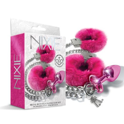 Nixie Metal Butt Plug & Furry Handcuff Set Medium Pink Metallic