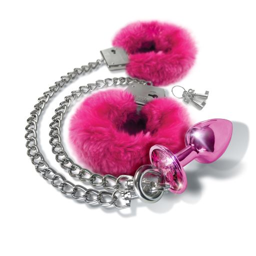 Nixie Metal Butt Plug & Furry Handcuff Set Medium Pink Metallic