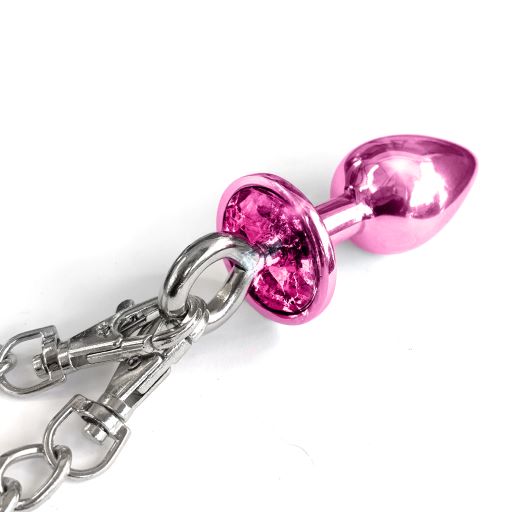 Nixie Metal Butt Plug & Furry Handcuff Set Medium Pink Metallic