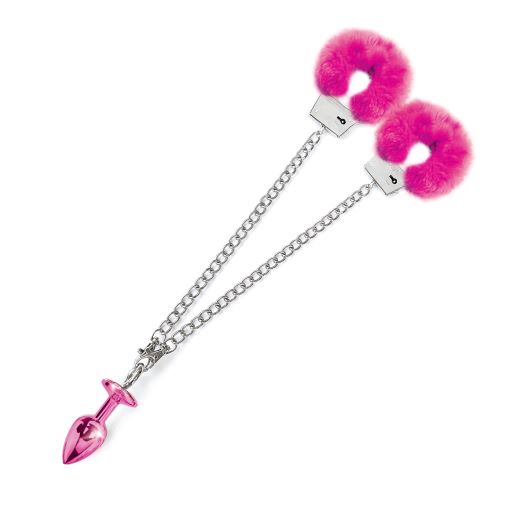 Nixie Metal Butt Plug & Furry Handcuff Set Medium Pink Metallic