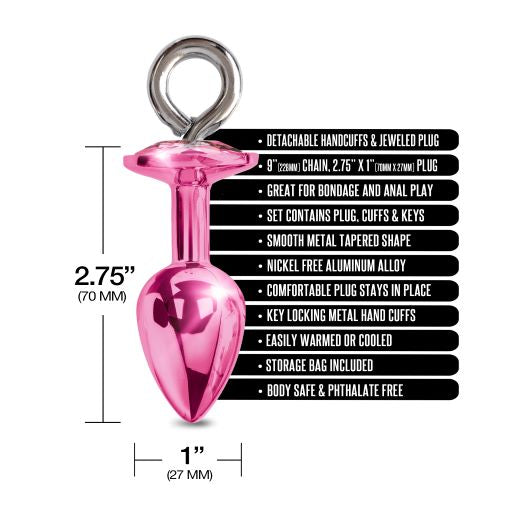 Nixie Metal Butt Plug & Furry Handcuff Set Medium Pink Metallic