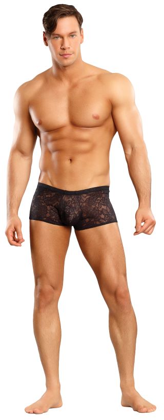 Male Power Stretch Lace Mini Shorts Black Medium