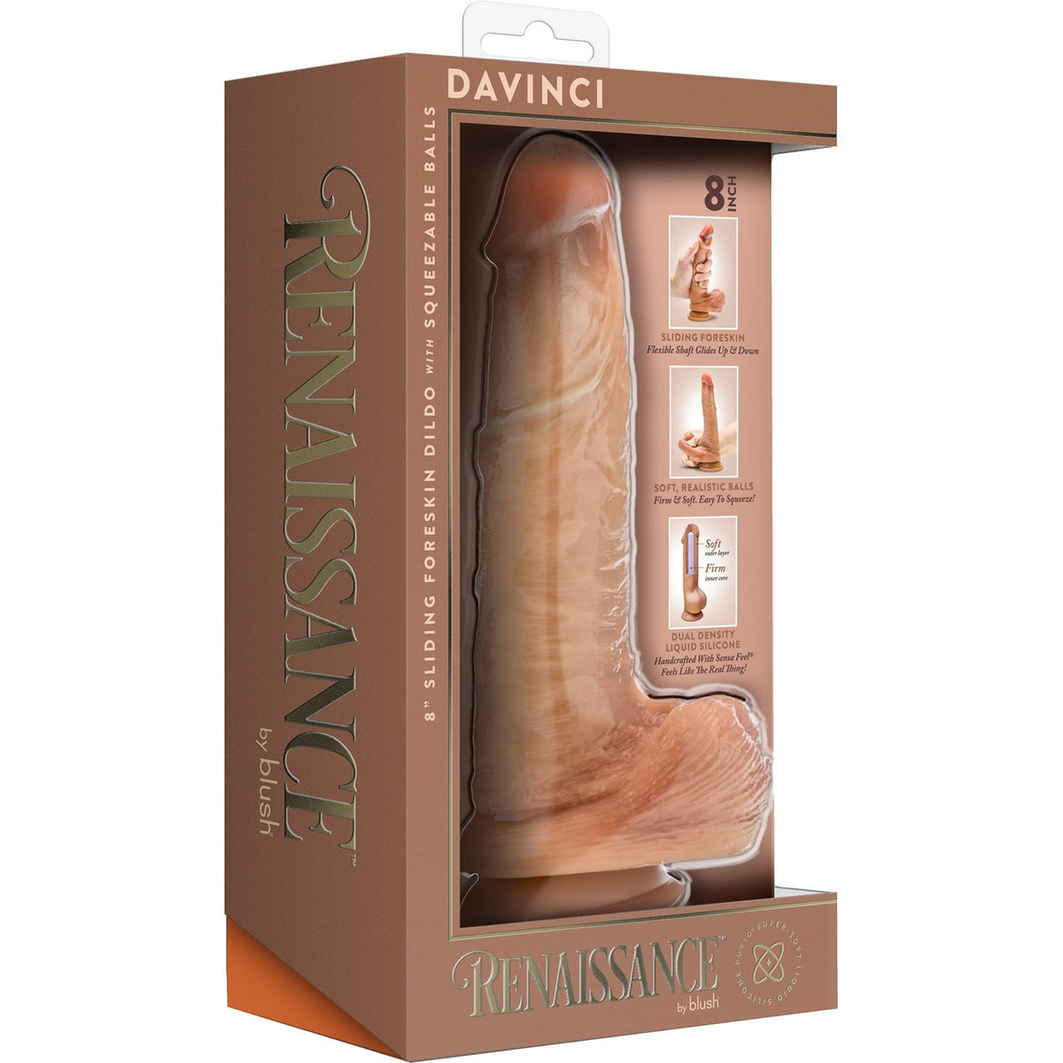 Renaissance Davinci Sliding Foreskin Dildo With Squeezable Balls 8 In. Tan