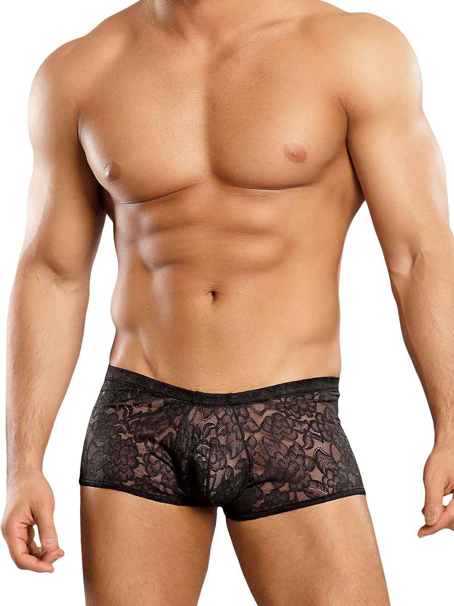 Male Power Stretch Lace Mini Shorts Black Medium